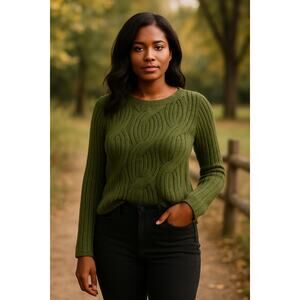 KF/KaufmanFranco Olive Green Cable Knit Sweater Cozy Chic Pullover SZ M
